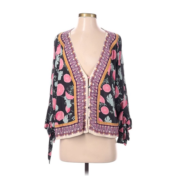 Free People Shirt Women's Small Boho Citrus Tie Sleeve Top Pink Black - Picture 11 of 11